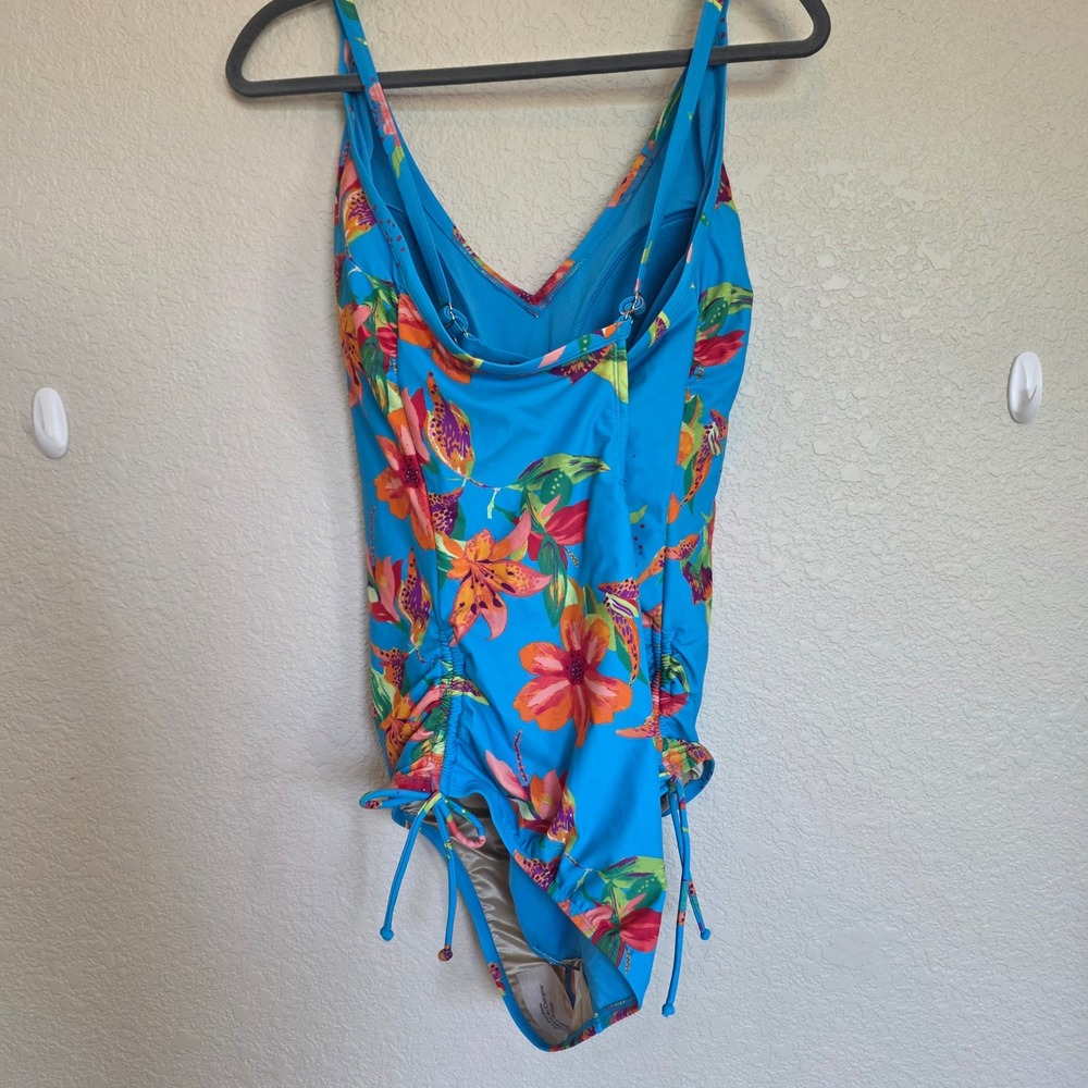Shade & Shore Blue Floral‎ One Piece Swimsuit Size 22 Tropical Side Tie Cutout - Picture 4 of 8